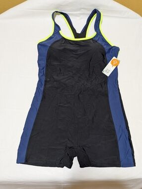 Attraco Black/Navy Boyleg Athletic Racerback Swimwear w/ Neon Trim- NEW Size 2XL
